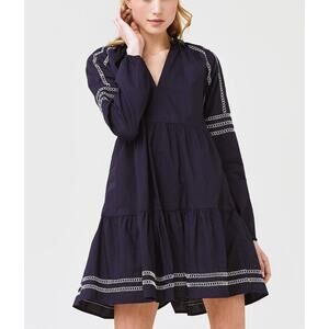 BB Dakota Fun with Tiers Mini Dress Navy Blue White Trim Large NWT Crisp Cotton